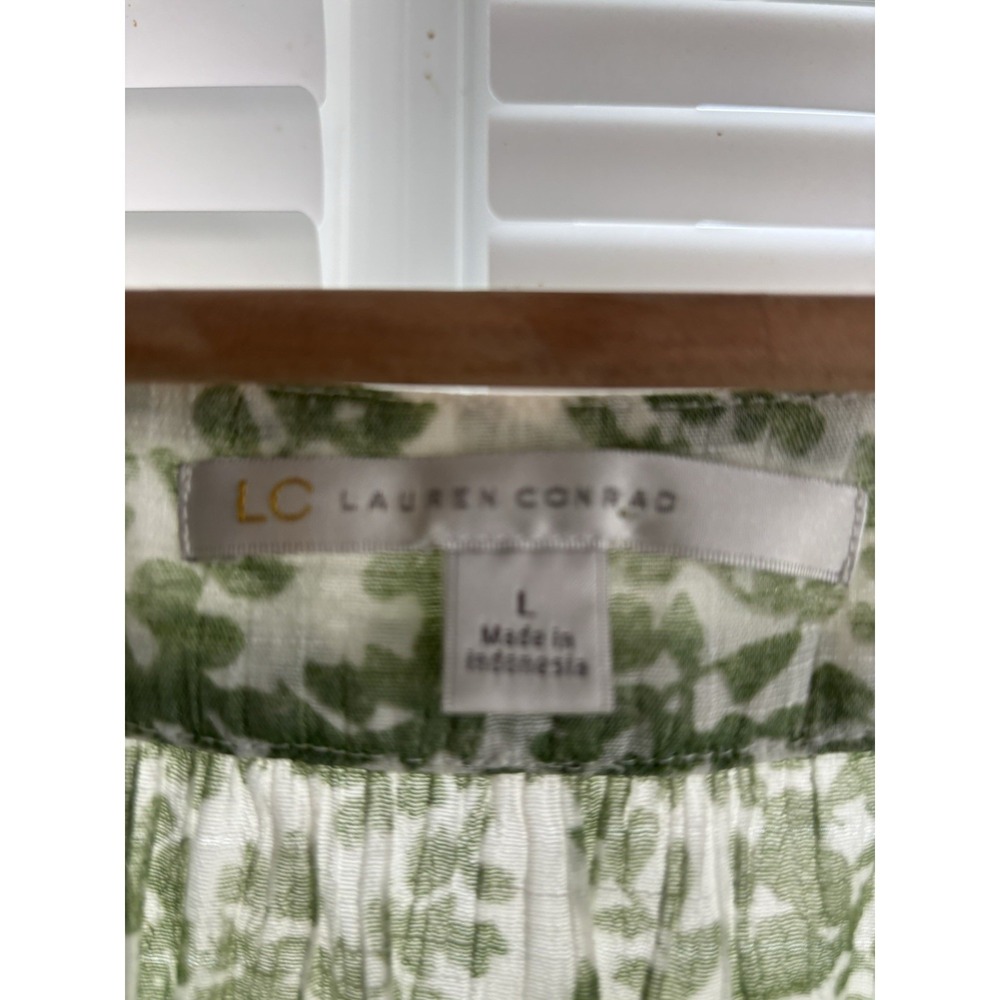 Lauren Conrad Women's L Square Neck Pintuck Peasant Blouse Green Floral Sheer - Picture 3 of 10